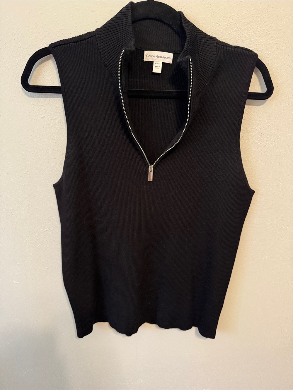 Calvin Klein Jeans Black Ribbed Sleeveless Zip Mock Neck Tank